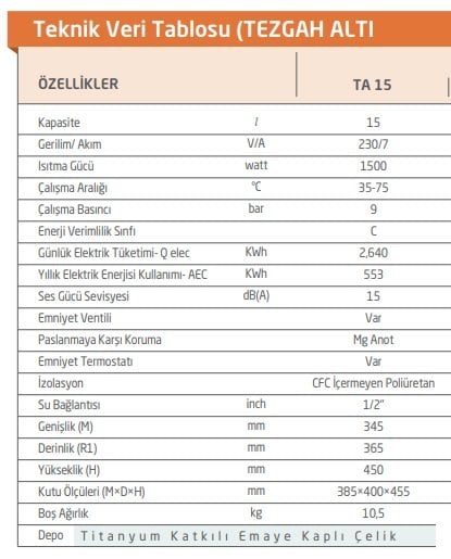 baymak 15 litre termosifon özellikler